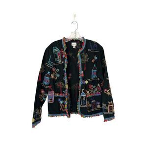 Chico's Multicolor Embroidered Fringe Art to Wear Lightweight Jacket Size Medium